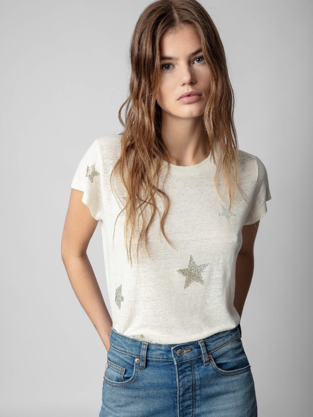 Zadig & Voltaire Skinny Stars Strass Crystal top. Stars T-shirt. Ivory